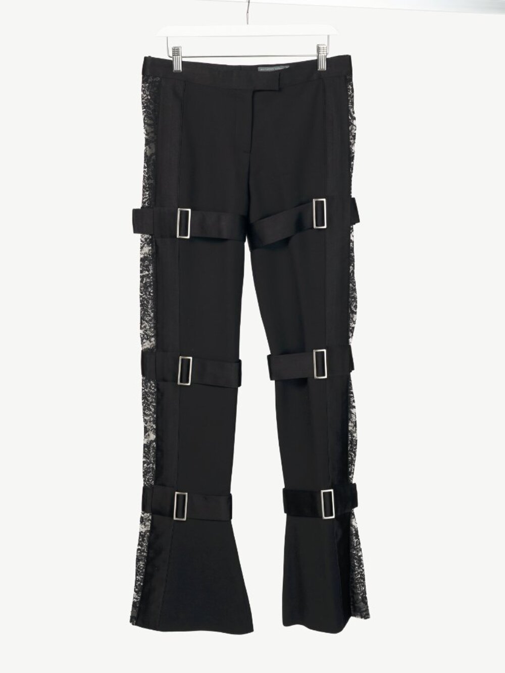 Alexander McQueen AW16 Black Wool Satin- & Lace-Trim Bondage Trousers